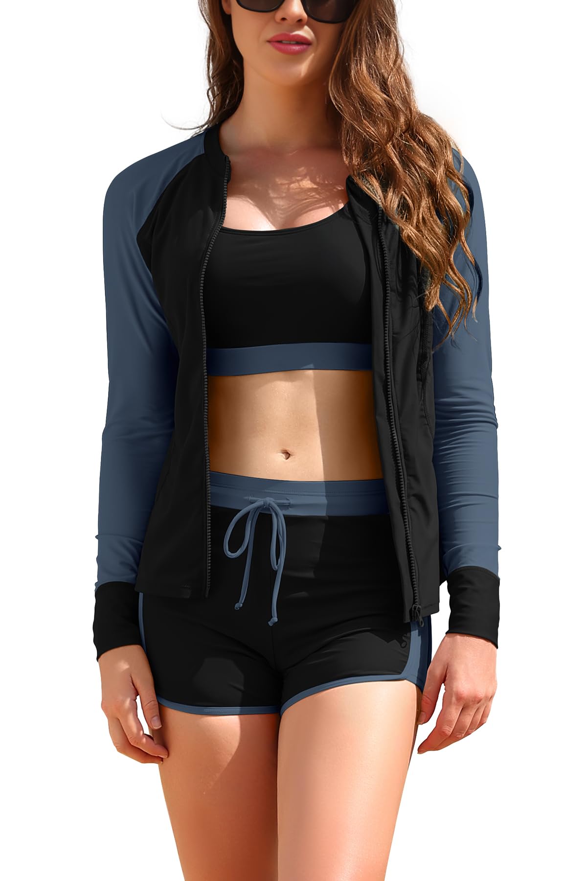 Rash Guard Set 3 Pièces Maillot de Bain Zippé Brassiere Shorts Surf