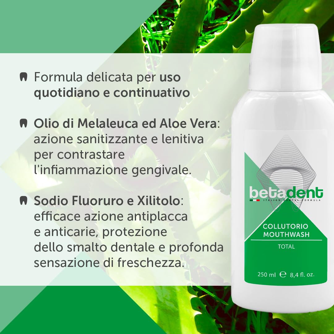 Betadent KIT 6 COLLUTORIO TOTAL Azione totale contro placca, tartaro, carie, alito cattivo, infiammazione gengivale. Ingredienti naturali, massima efficacia, alito fresco. 6x250ml