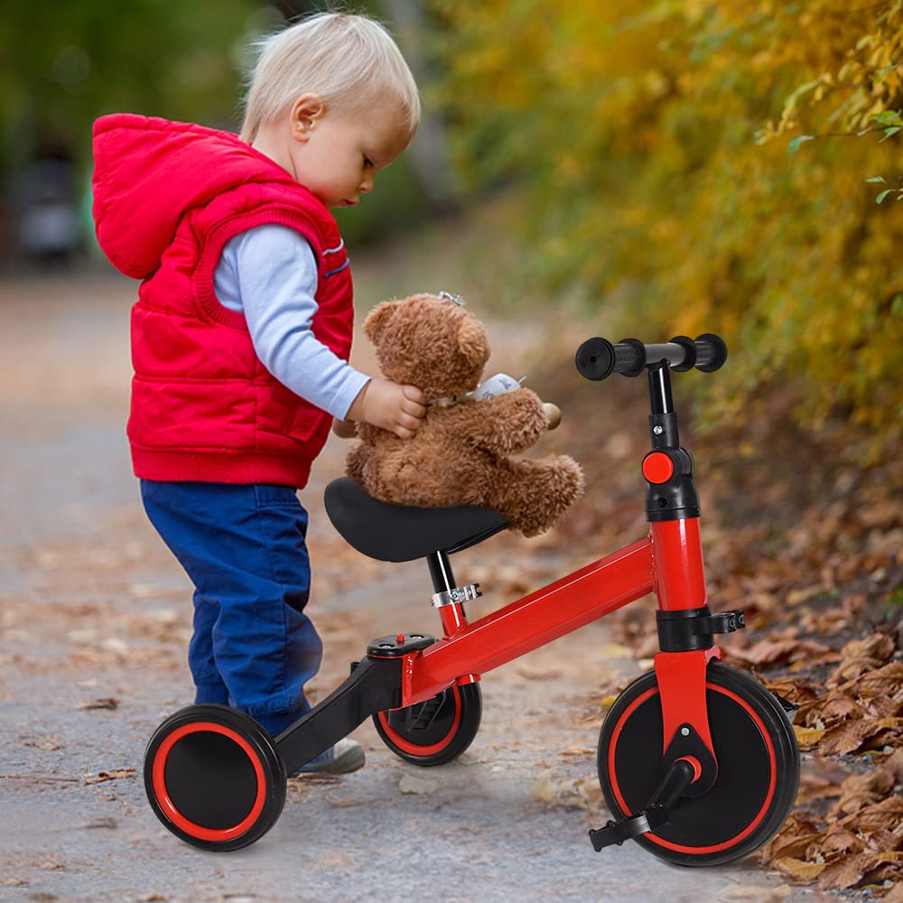 3 in 1 Triciclo Evolutivo Bambino, Bicicletta con Pedali Rimovibili per Bambini 1-7 Anni, Mini Bici/Girello Senza Maniglione Parentale, Bicicletta Evolutivo per Ragazze e Ragazzi (Nero-rosso)