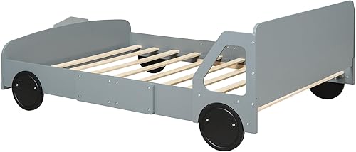 Miniatura 14 de Cama de plataforma en forma de auto de carreras con ruedas, cama de plataforma de madera tamaño individual con barandilla, cama de plataforma para