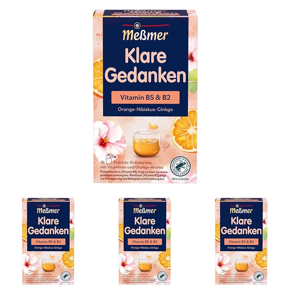 Meßmer Klare Gedanken | Früchte-Kräutertee mit Orangen-Aroma und Vitaminen B5 & B2 | Orange-Hibiskus-Ginkgo | 16 Teebeutel (Packung mit 4)
