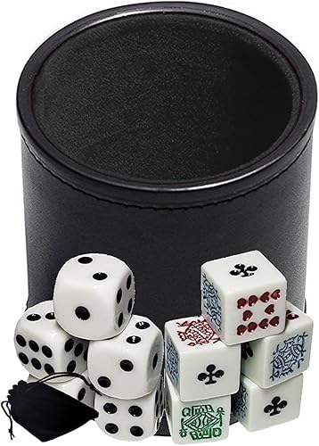 Cyber-Deals Juego de dados de cuero sintético negro con forro de fieltro negro con póker blanco (Clubs Ace) y dados de pip en bolsa de