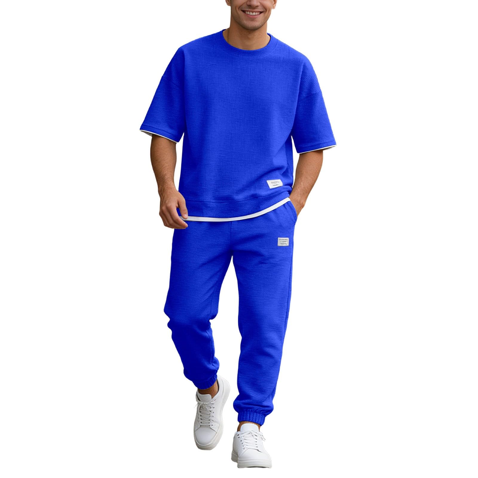 Traje Casual Hombre 2 Piezas Camiseta Oversize de Punto Waffle Pantalones Largos Jogger Cómodos Conjunto de Verano para Hombre Moderno — view 9