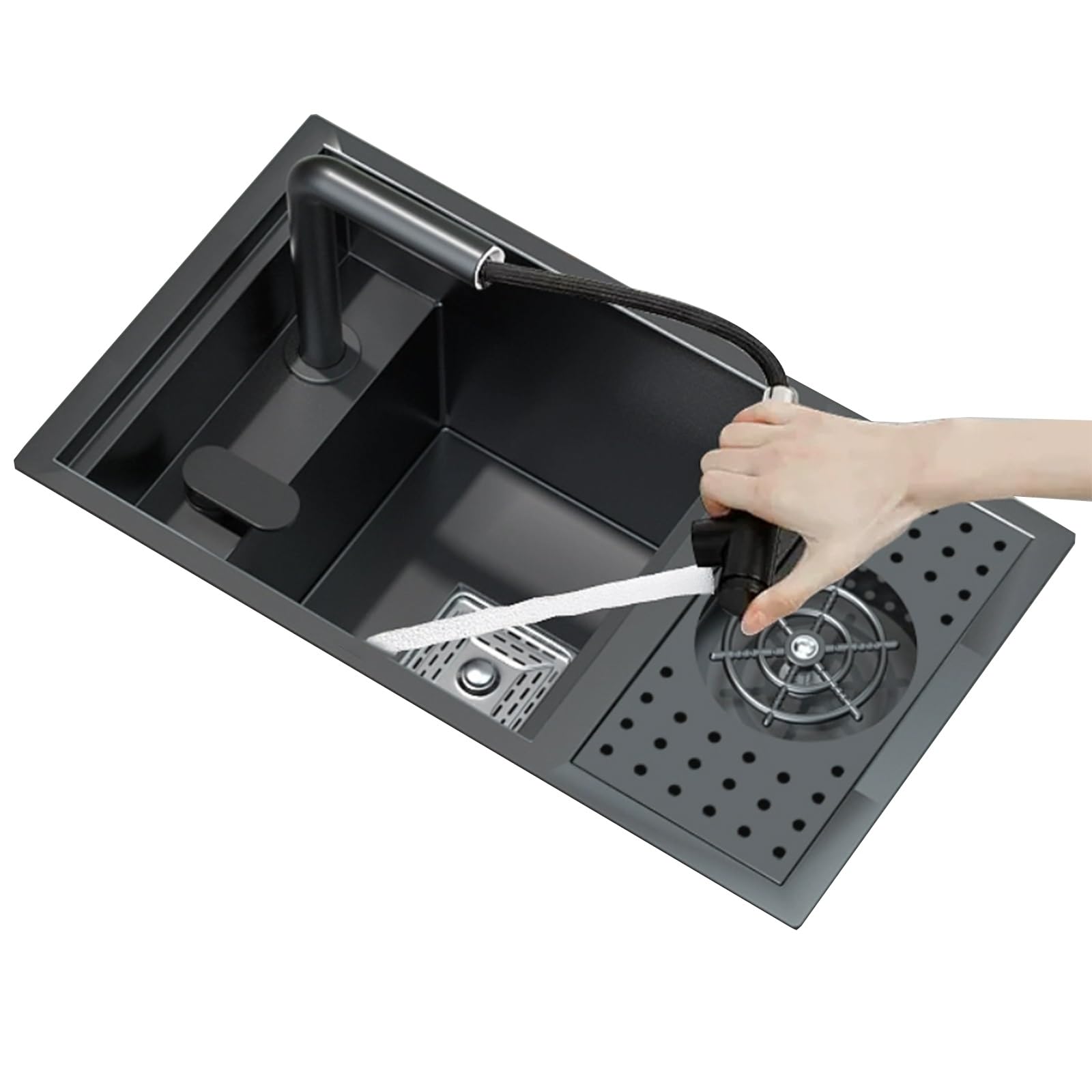 Fregadero de sifón invisible de acero inoxidable para caravanas y campistas, arandela de vidrio compacta con grifo de tracción para hogares pequeños y barras de cocina (60 x 40 x 23 cm)