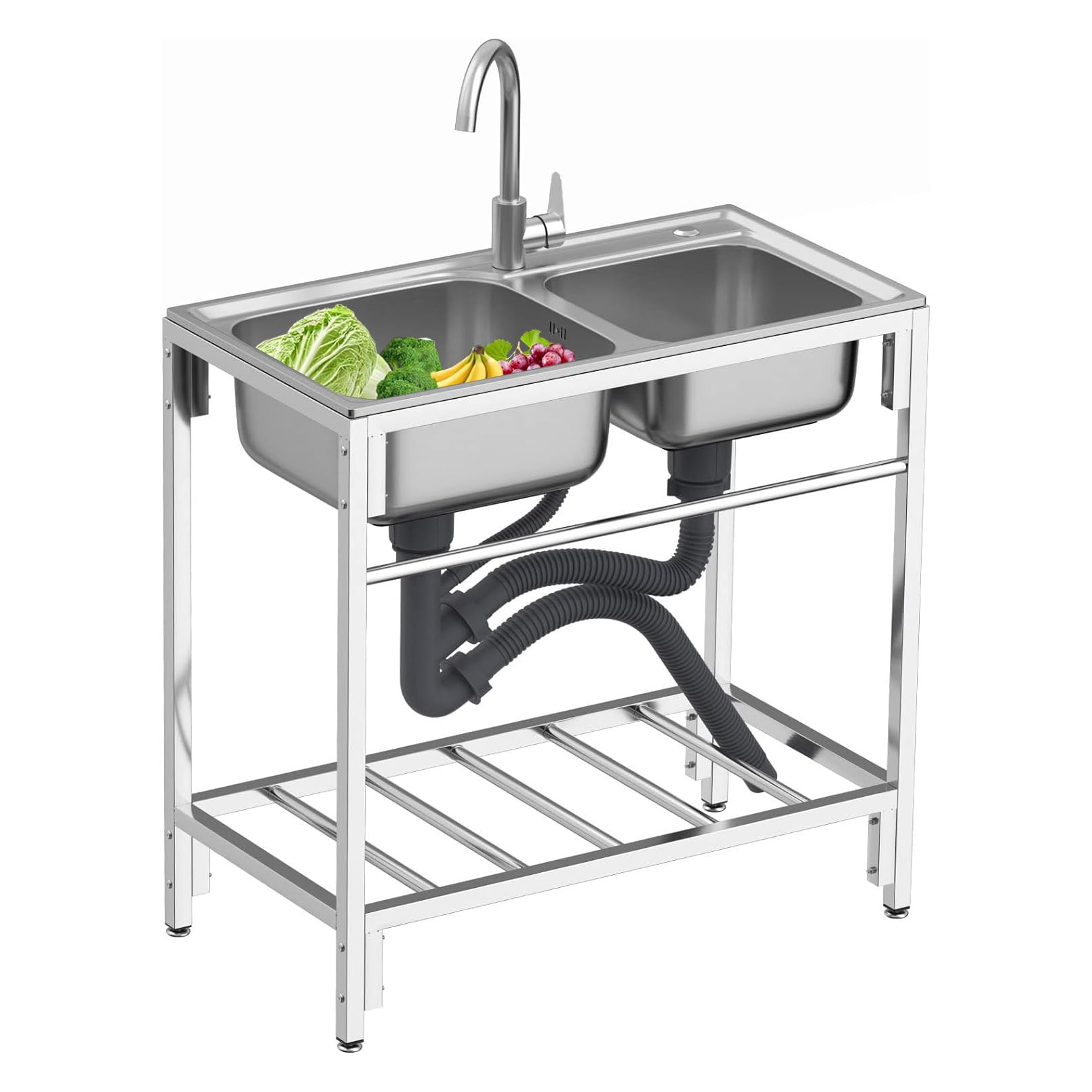 LMYSXAOZ Stainless Steel Freestanding Sink with Hot and Cold Faucet, 2 Compartments Commercial Kitchen Sink, Utility Sinks Legs for Outdoor, Restaurant, Backyard, Garage (Silver, Size : 80x43x75cm)