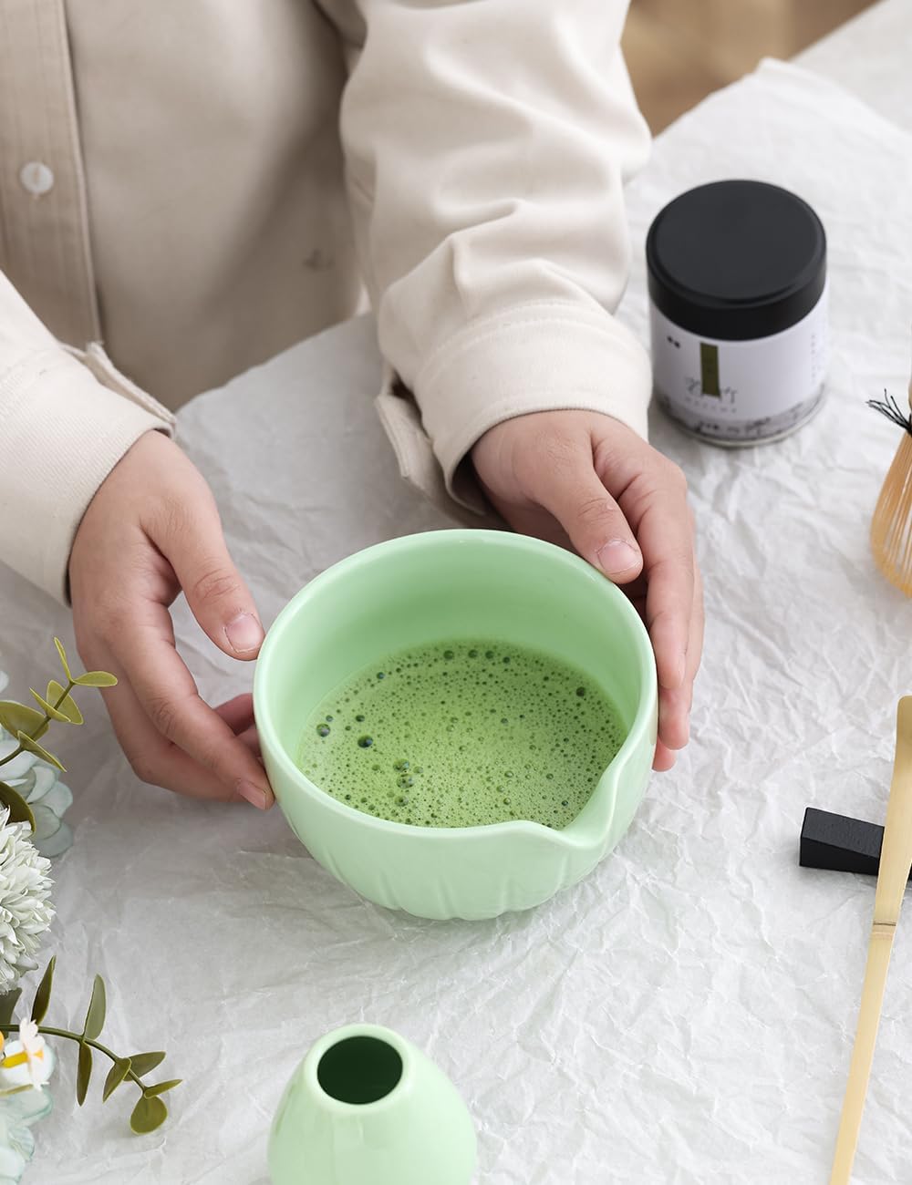 TANG PIN Matcha Set - Match Bowl and Whisk, 15 OZ, Matcha Scoop | Matcha Whisk Stand (Chasen Holder) - 5pc Perfect Matcha Kit for Matcha Tea Ceremony (): Green