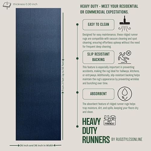 Miniatura 2 de Tough Collection - Rollo de alfombra, gris, marrón, azul, de 69 cm o 91 cm de ancho, goma antideslizante en la parte inferior, Sintético, Azul