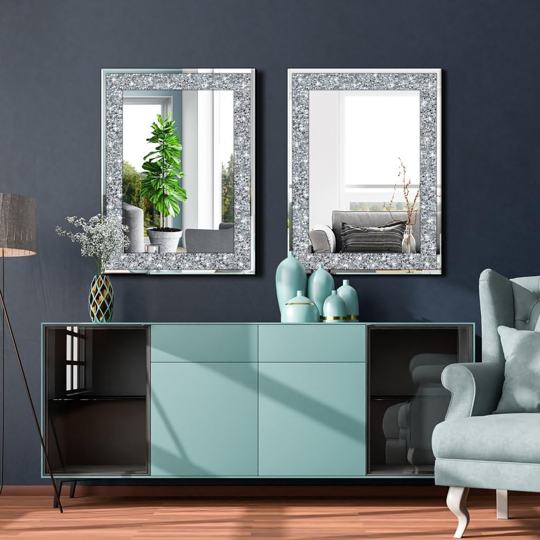 QMDECOR Crystal Crush Diamond Rectangle Silver Mirror for Wall Decoration 20x28inch Wall Hang Frameless Mirror Glass Diamond Decor.