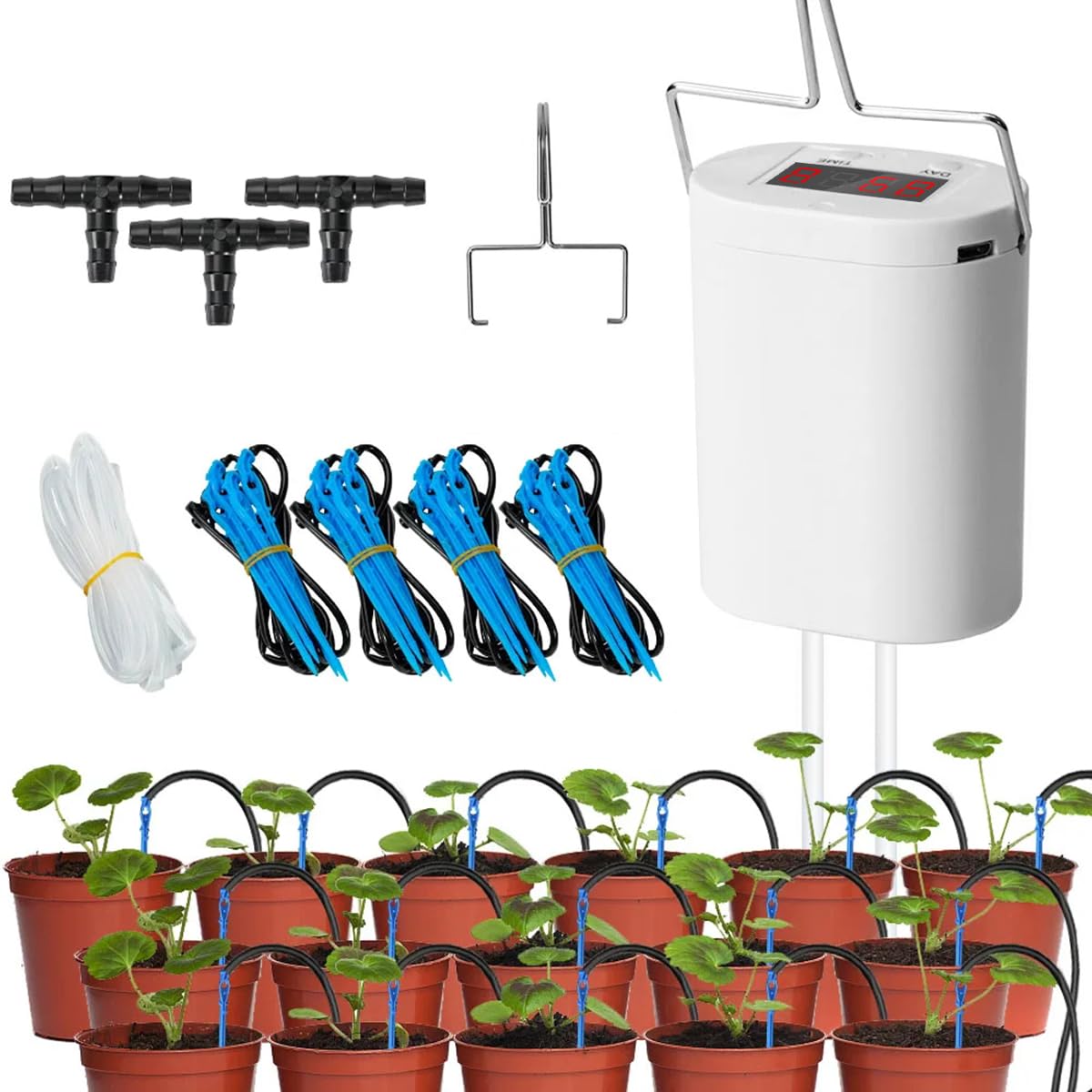 Automatic Watering System Kit for 16 Potted Plants, Mini USB Rechargeable Drip Irrigation System with LED Digital Programmable Water Timer Smart Indoor Irrigation System with Accessories