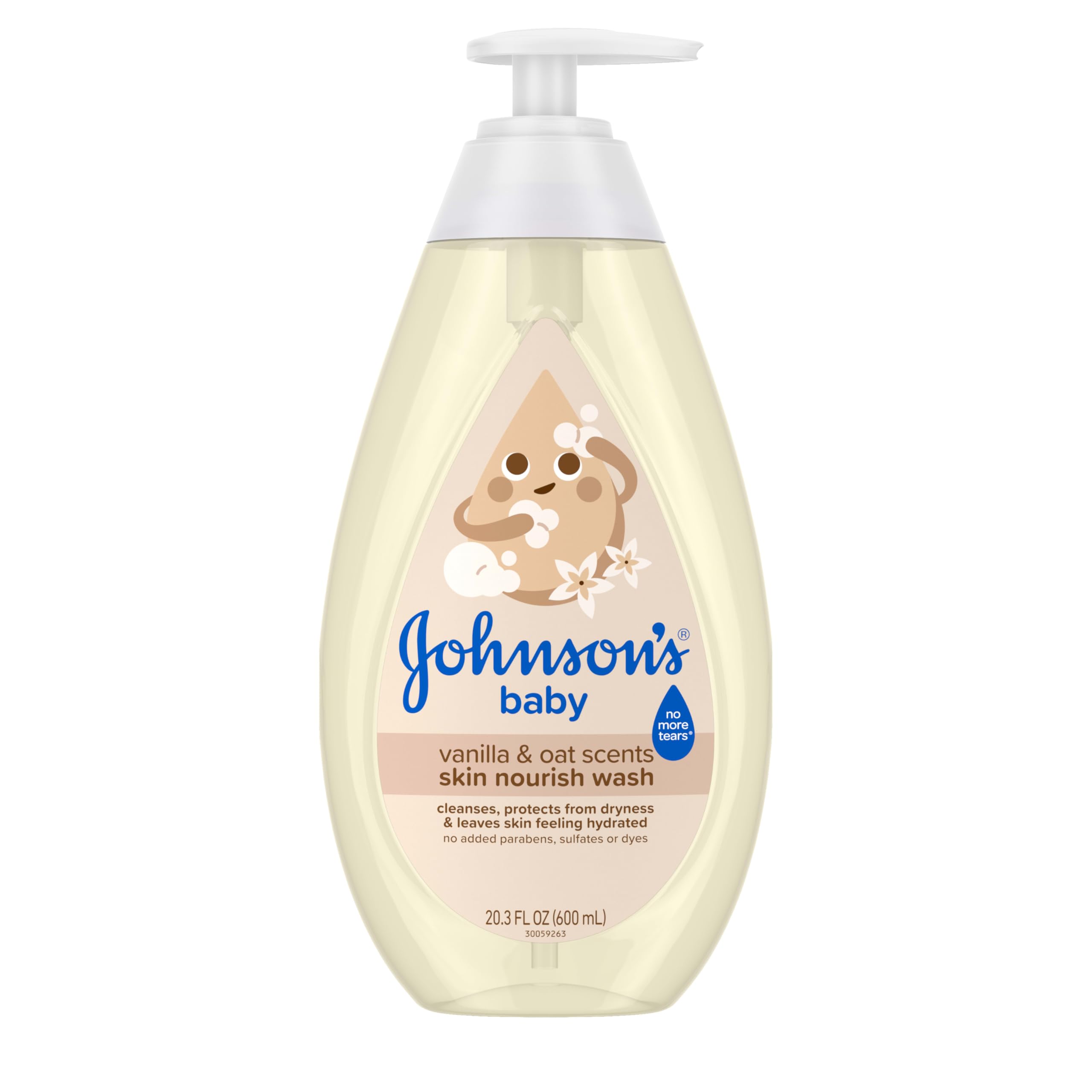 Johnson's Skin Nourishing Moisture Baby Wash, Vanilla & Oat Scents, Tear-Free, Hypoallergenic Baby Body Wash Cleanses, Protects from Dryness, & Leaves Skin Feeling Hydrated, 20.3 fl. oz