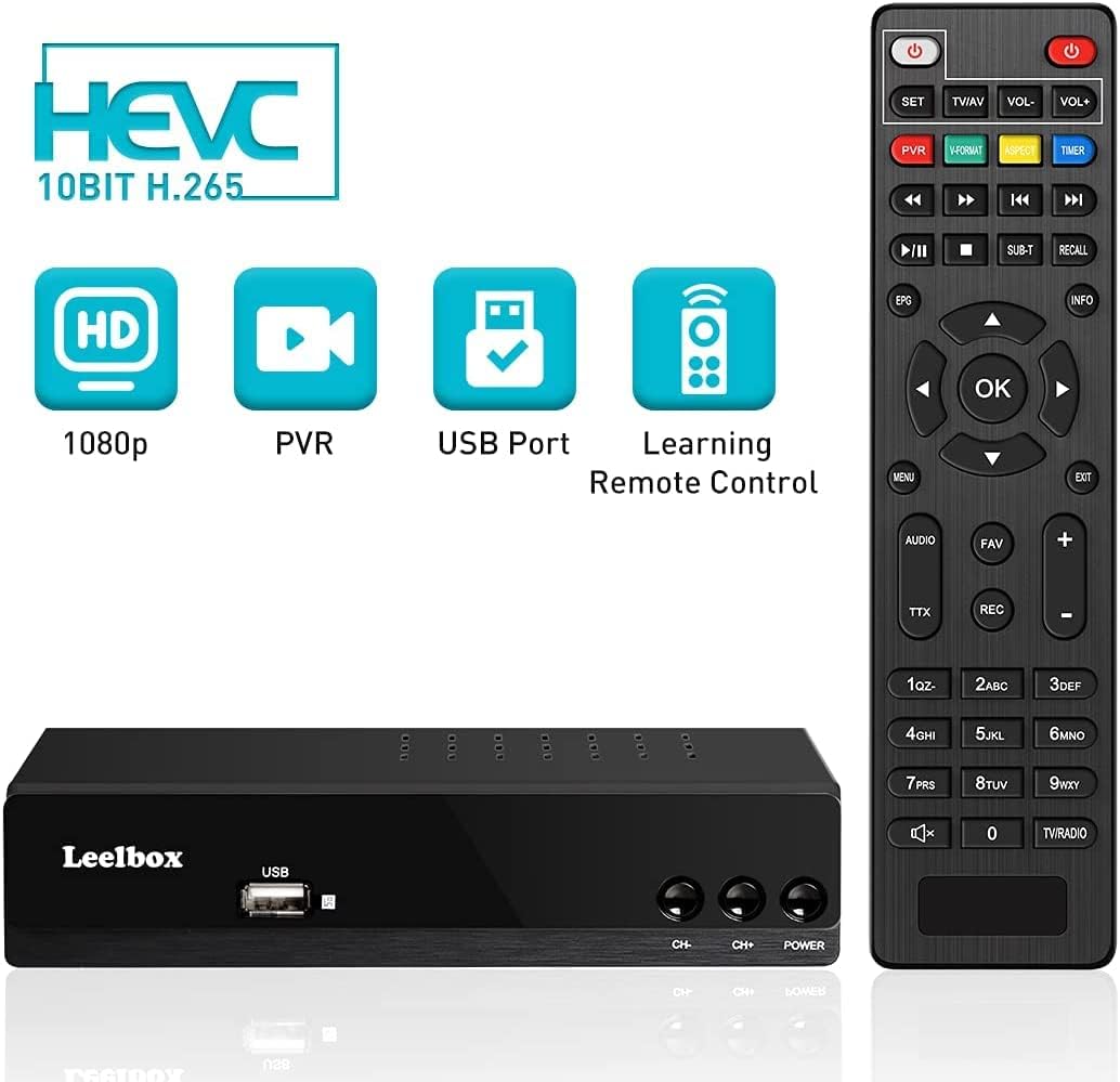 Leelbox T2 decoder and its remote control, highlighting key features like 1080p, PVR, USB Port, and Learning Remote Control.