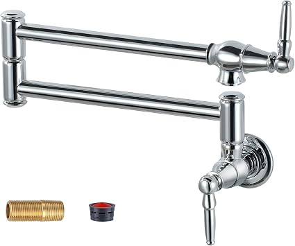 Pot Filler Faucet Brushed Nickel, Wall Mount Pot Filler Kitchen Faucet | Stainless Steel, Solid Brass, Single Hole Double Joint Retractable Arm, Heat-Resistant Cartridge, for Kitchen Restaurant