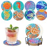 Ninonly 8 Pcs Diamond Painting Coasters with Holder Ocean Diamond Art Craft Supplies for Adults Kids