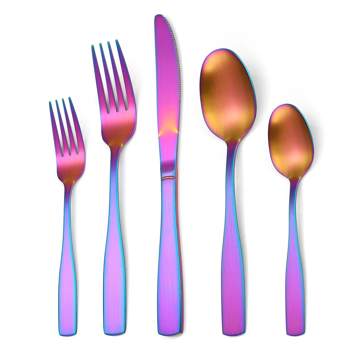 OLSKFUH Cutlery Flatware Cutlery Set, 5/20/30/40/50/60 Pieces Stainless Steel Matte Tableware Square Handle Cutlery, Forks And Spoons Black Set,Rainbow-12Set-60Pcs
