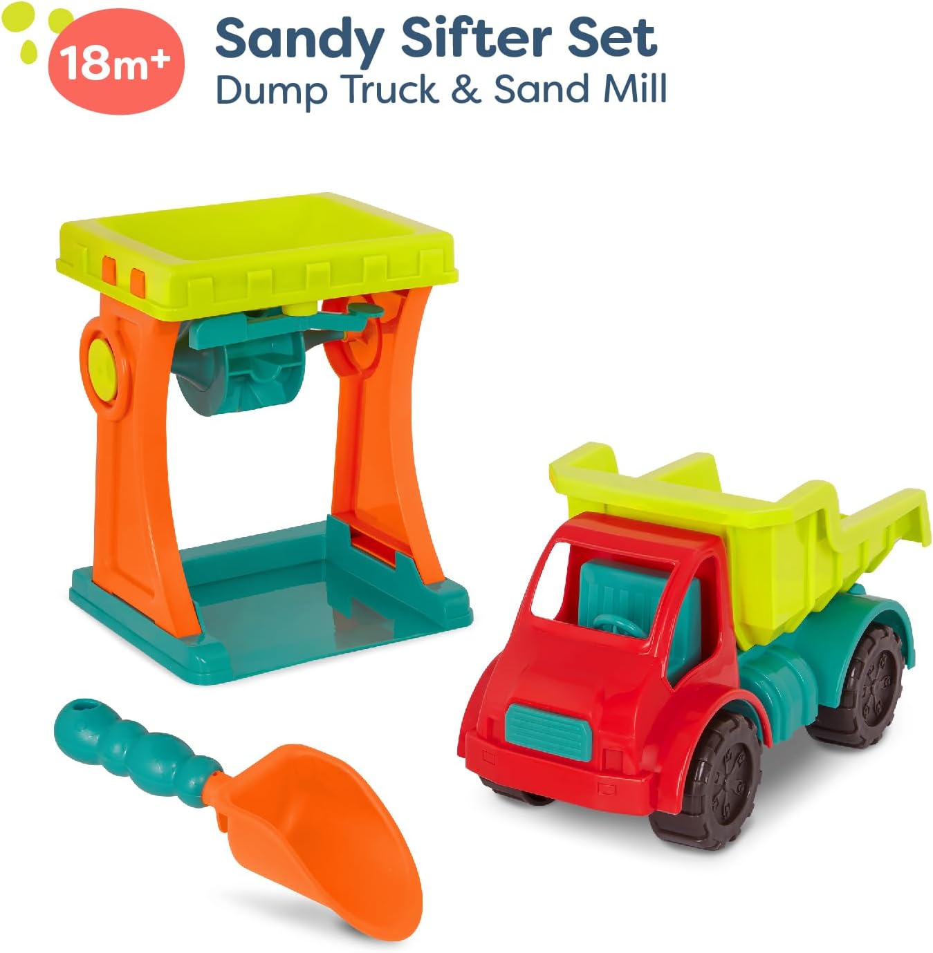 B. toys – Sandy Sifter Set – Sand Mill Playset with Dump Truck, Shovel – Sand & Beach Toys for Toddlers, Kids - 18+ Months
