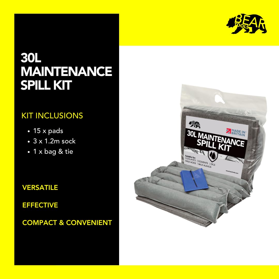 Kits de derrames de 30 l (30 L mantenimiento) fabricado en el Reino Unido gris absorbe aceite no agresivo y fluidos a base de agua para uso en interiores y exteriores diseño de kit superior de clip.