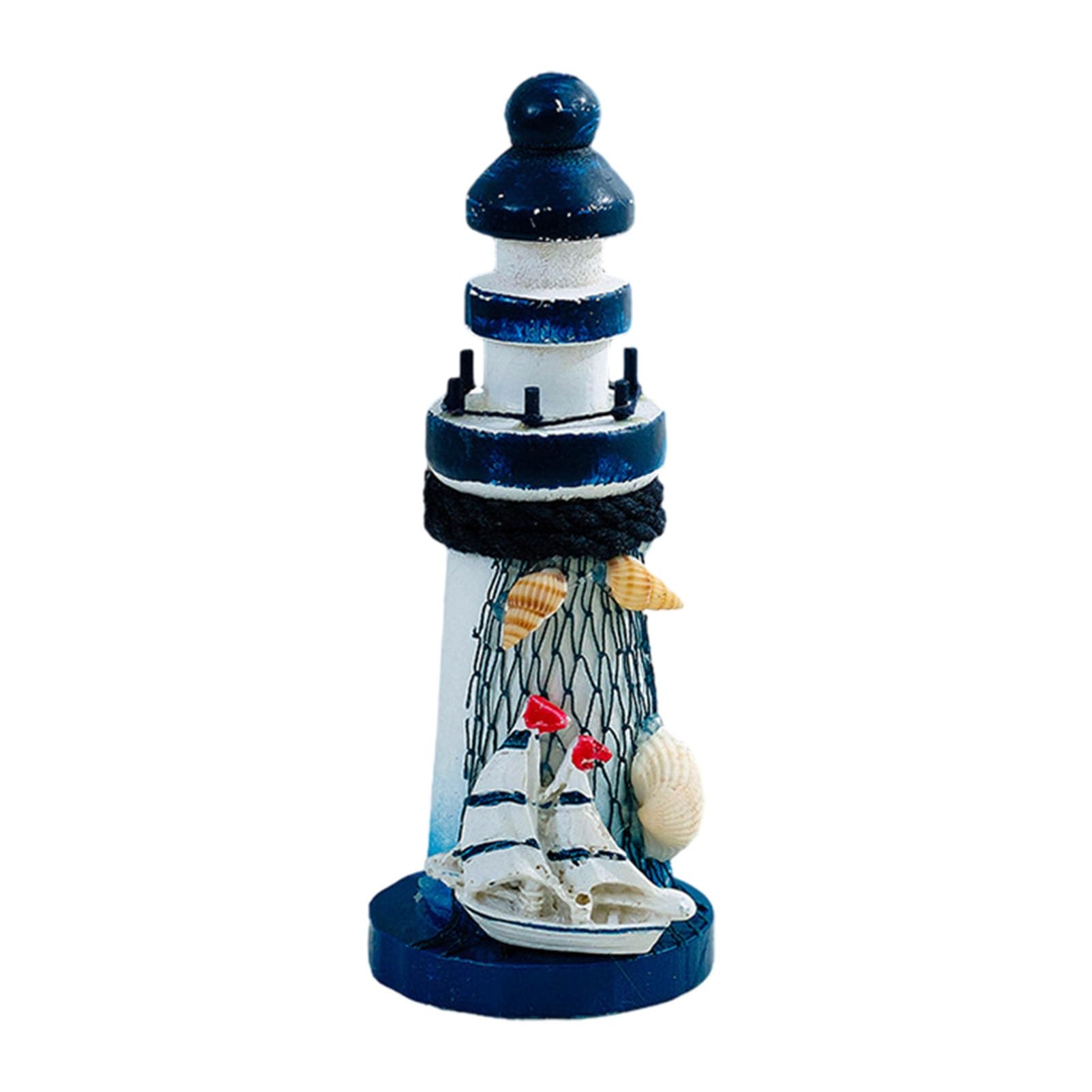 Rikuuui Wooden Lighthouse Figurine, Handmade Nautical Lighthouse Beach Decoration, White Blue Coastal Tabletop Decor for Home, Living Room C