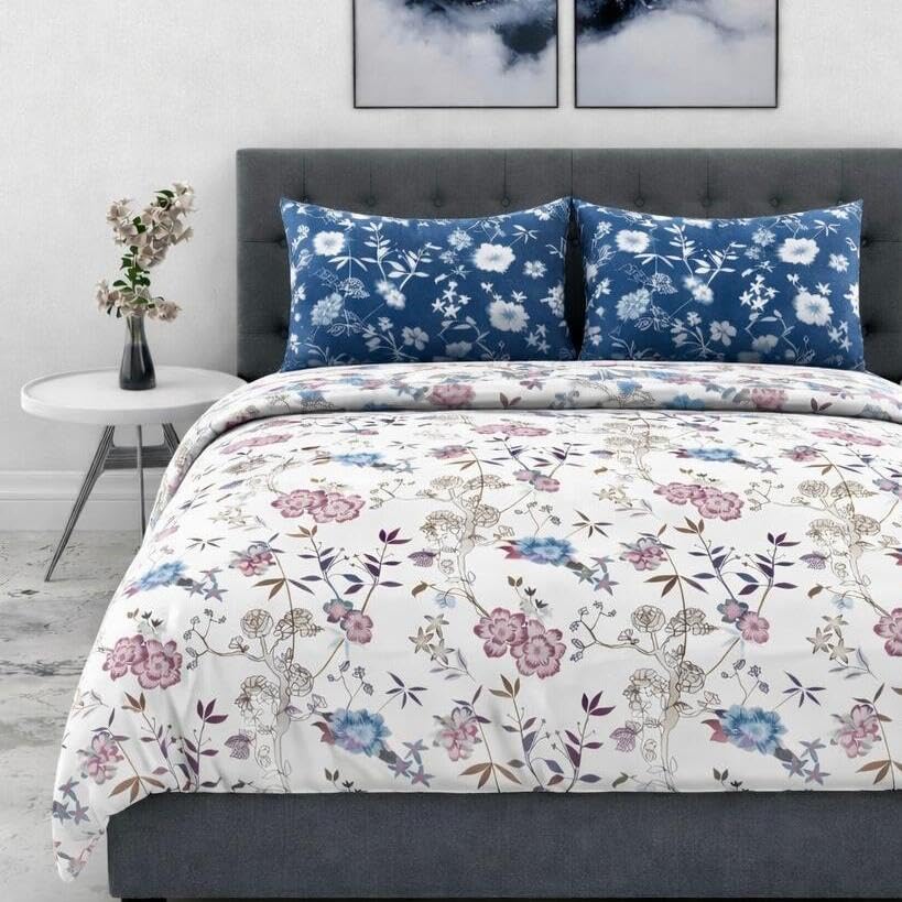 Image of DECOR2ADMIRE Premium Cotton Bedsheet Double King Size 90x100 Inches, 300 TC Soft Breathable Printed Bed Sheet with 2 Pillow Covers (White Blue Contrast, Double 90 inch x 100 inch)