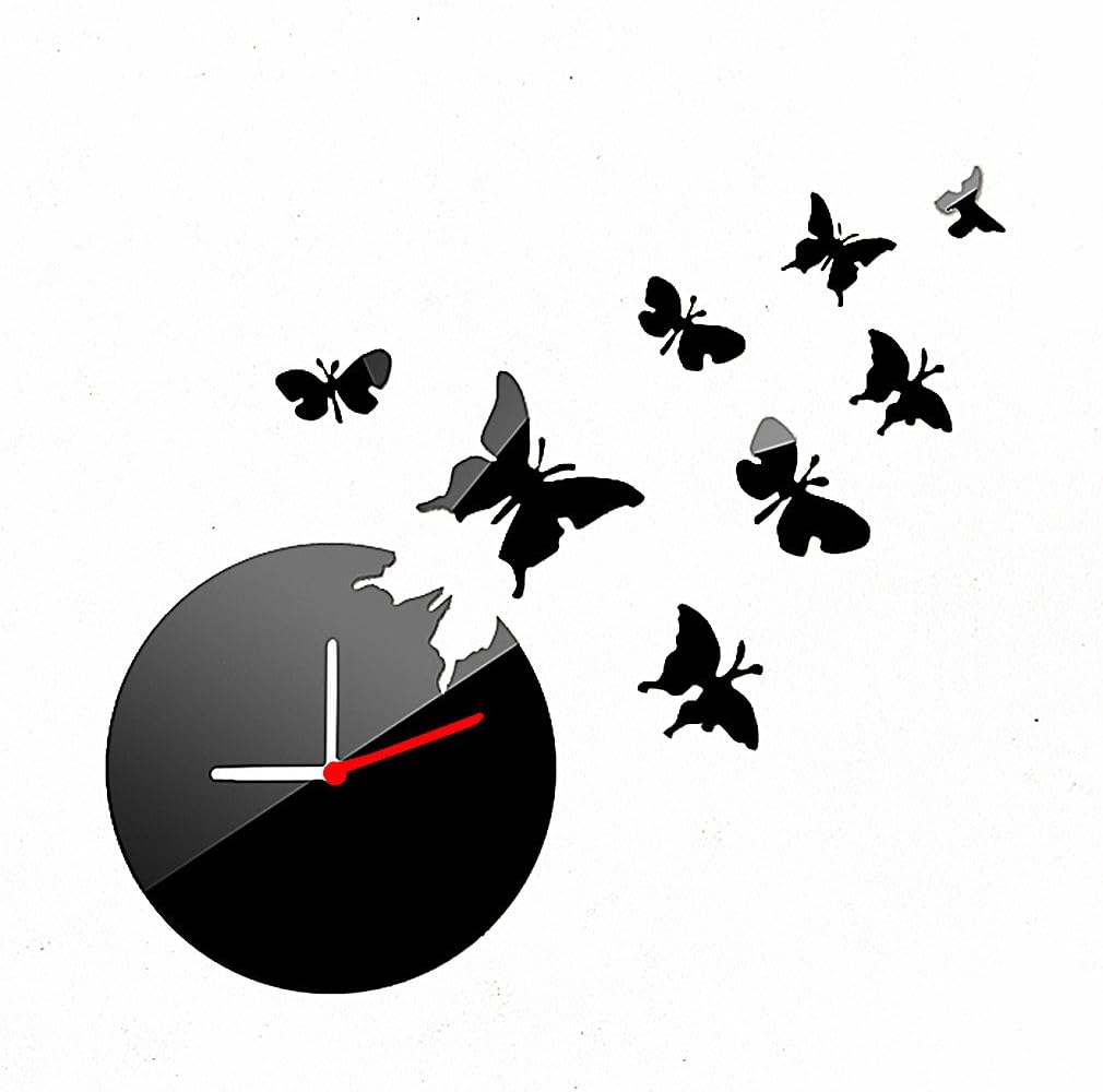 Wall Clock DIY Made of Acrylic Material, Butterfly, Looks Like Mirror, Modern Design, for Home Living Room Bedroom Kitchen Baby Child Novelty Luxury Crystal Wall Silent Watch Extra Large, New, Black