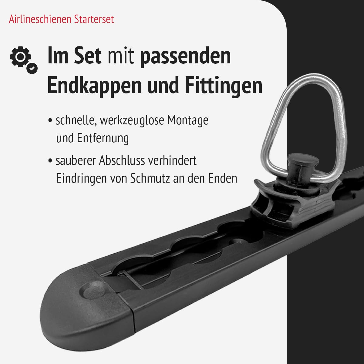 Airlineschienen mit Endkappen und Fittingen, 1.0 m, schwarz KTL-beschichtet, gebohrt, eckig, 34 x 9,6 mm | Zurrschiene | für Transporter, Wohnwagen, Sprinter (Starterset 2.4)