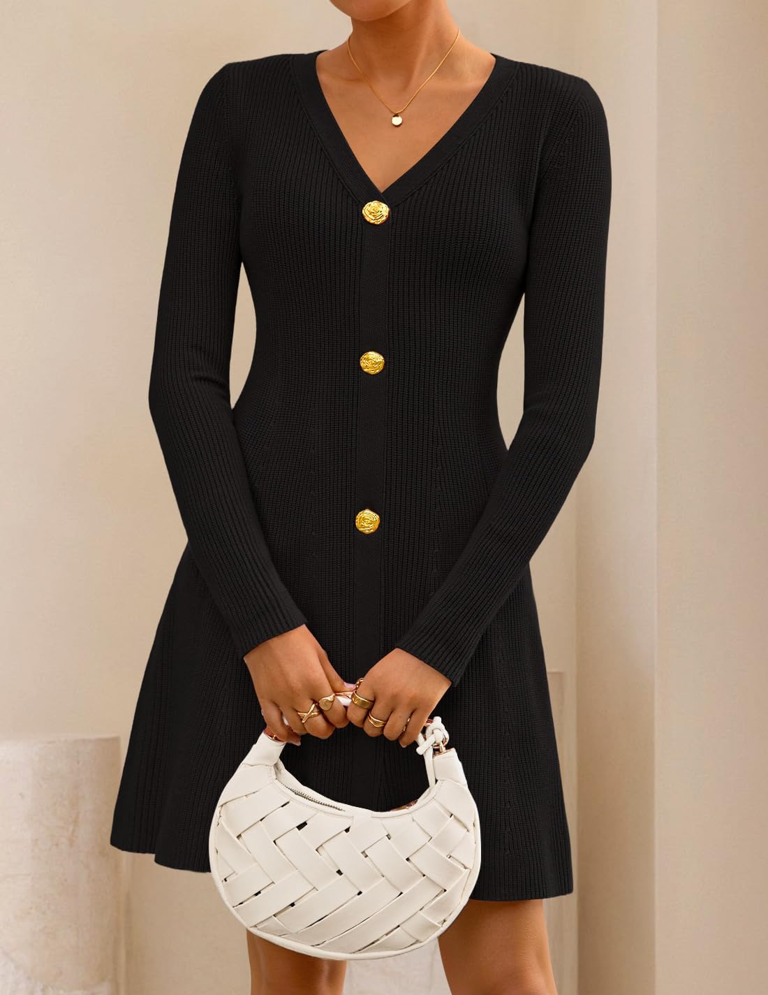 ZESICA Women's Fall Long Sleeve Sweater Dress 2026 Casual V Neck Button Ribbed Knit A Line Swing Mini Dresses - Image 2