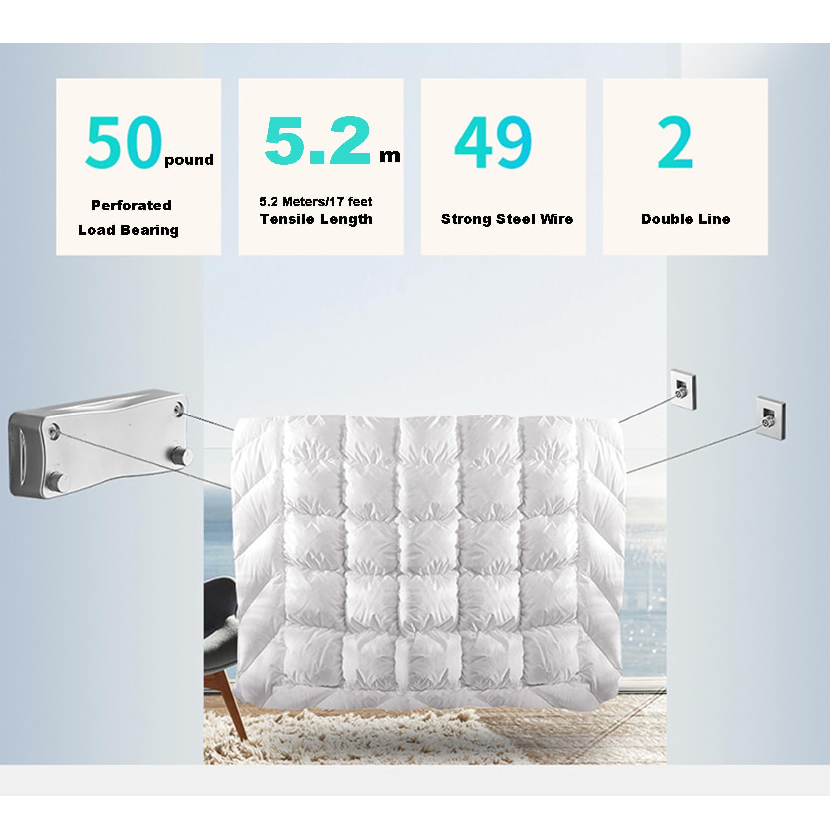 Corde à Linge rétractable Double Lignes,2 Fils à Linge de 5,2 m en Acier Inoxydable, Ligne de Lavage murales Robustes, Corde du Étendoir à Linge intérieur extérieur,White