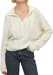 AYAZER Women s Cable Knit Sweater Long Sleeve V Neck Pullover with Lapel Collar Solid Color Jumper Tops