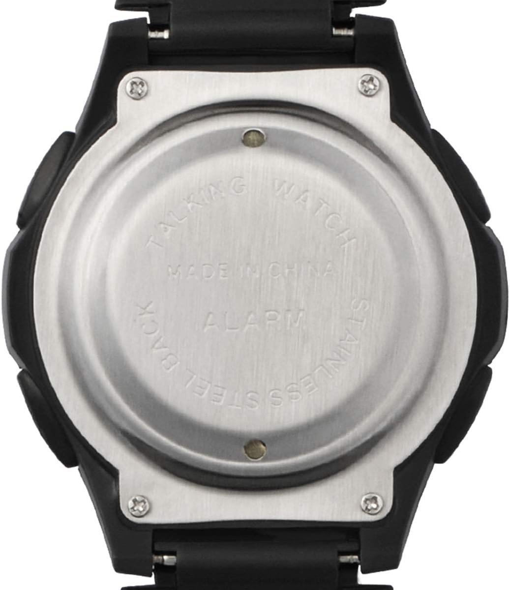 వెనుకకు view of the XINJIA XJ-768 Electronic Voice Watch, showing the stainless steel back plate with 'TALKING WATCH MADE IN CHINA ALARM STAINLESS STEEL BACK' engraved.