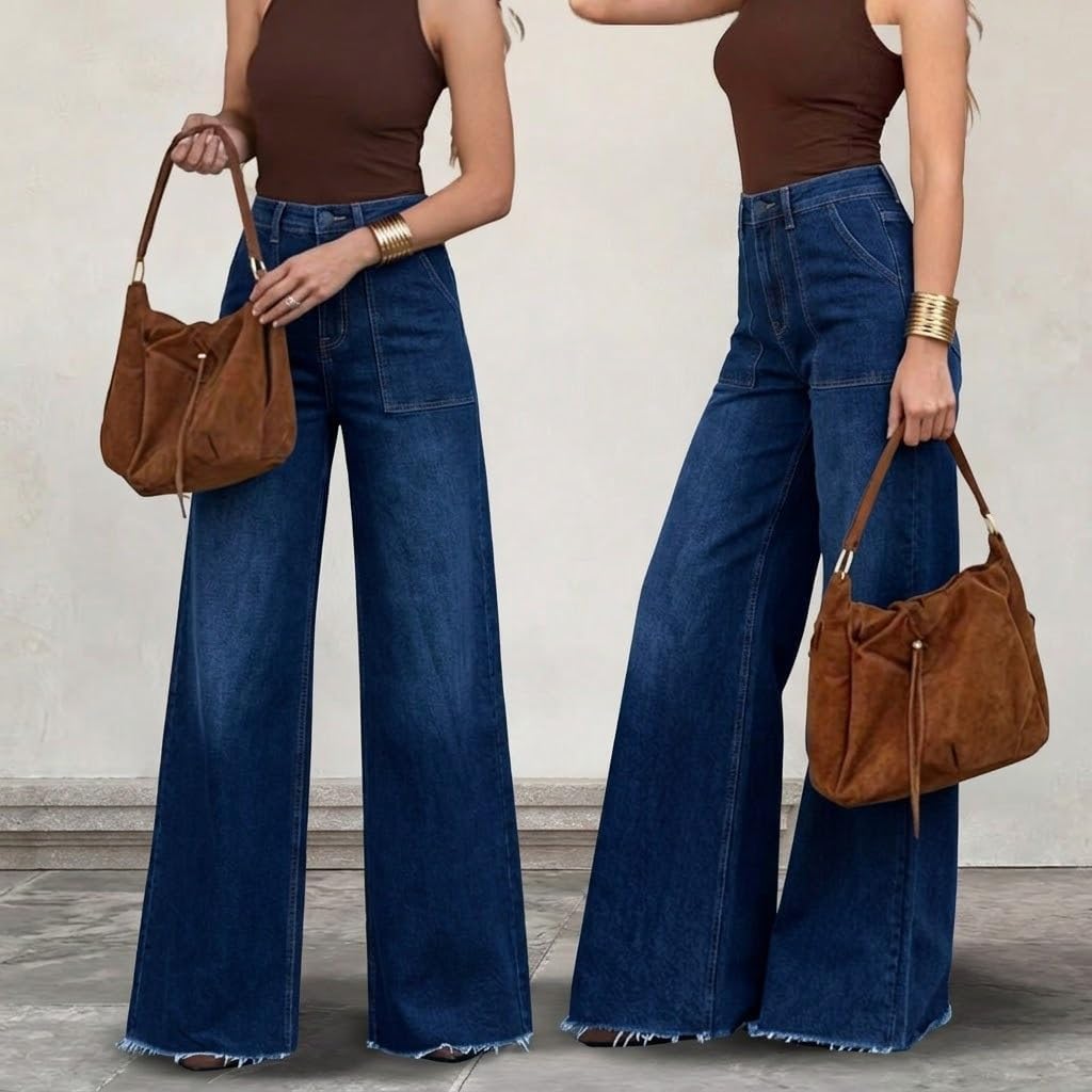 Women's High Waisted Wide Leg Jeans - 70s Retro Patch Pockets, Frayed Raw Hem, Tummy Control Stretch Denim Pants