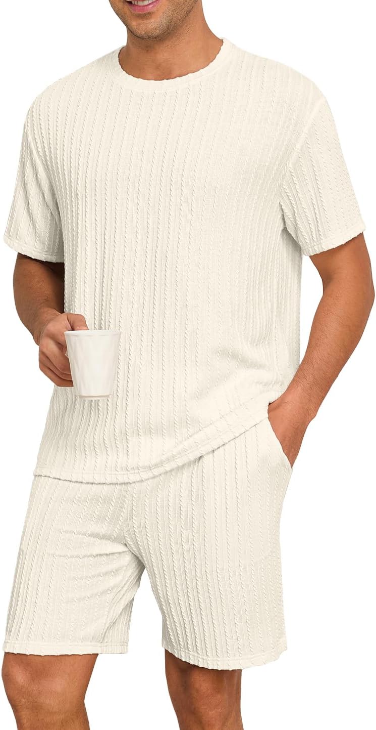 PrinStory Mens Pajamas Set Summer Pjs Sets Lightweight Short Sleeve Pajama Shorts Set Soft Sleepwear Loungewear with Pockets