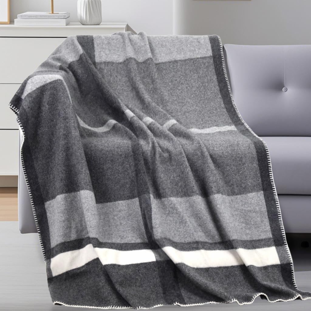 100% Wool Blanket for Couch - Luxuriously Soft Cozy, Multi-Color Diamond Checkered Pattern Throw Blanket for Sofa Bed Home Lounging & Travel, 71"x47" (Charcoal Grey White)