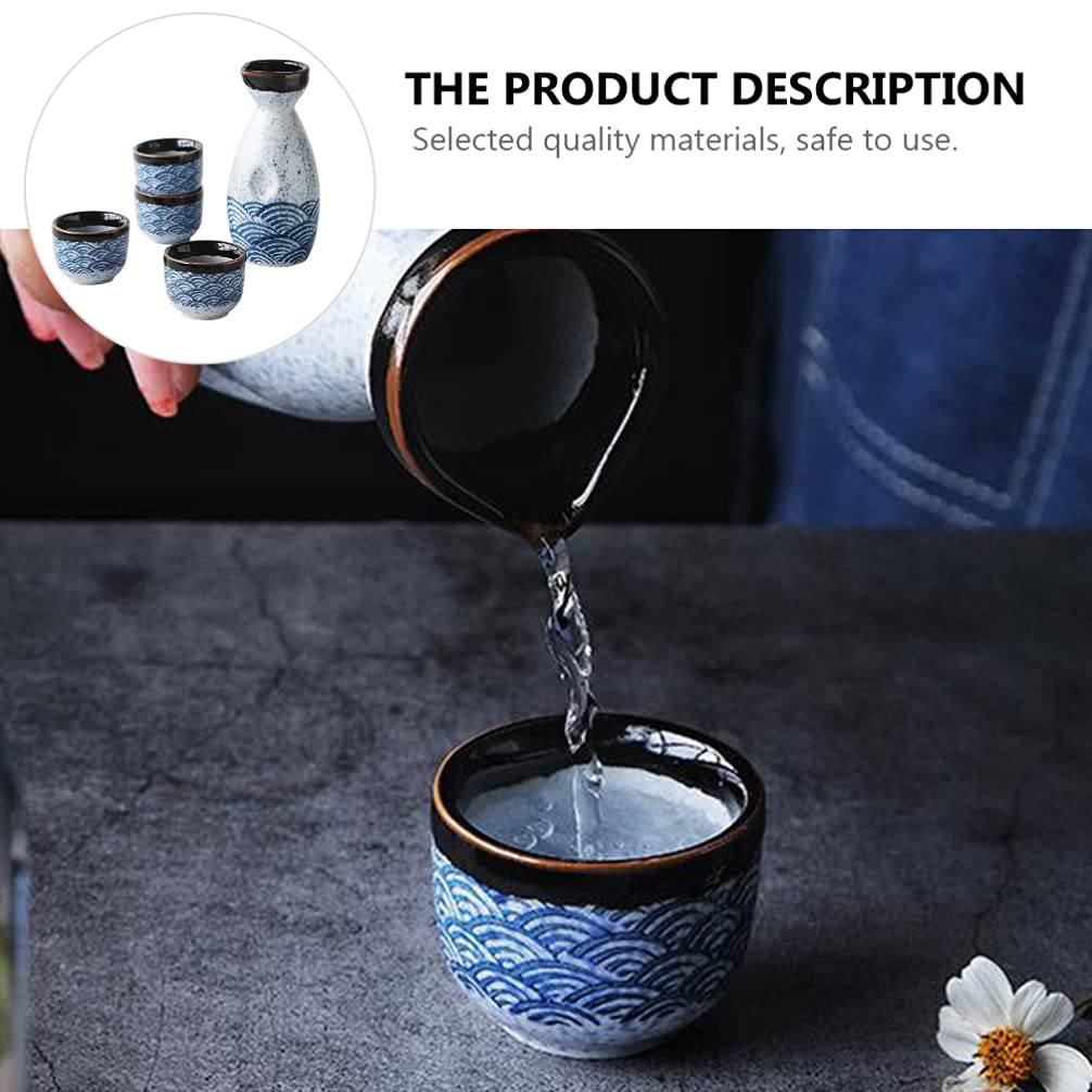 Housoutil Service De Tasses À Saké en Céramique Japonaise 4 Tasses 20 ML Et 1 Pot 180 ML Design Ondes pour Réceptions Familiales Et Décoration Intérieure
