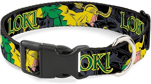 Collar de perro Clip de plástico Loki en acción Negro Gris Amarillo Verde 9 a 15 pulgadas 1.0 pulgadas de ancho