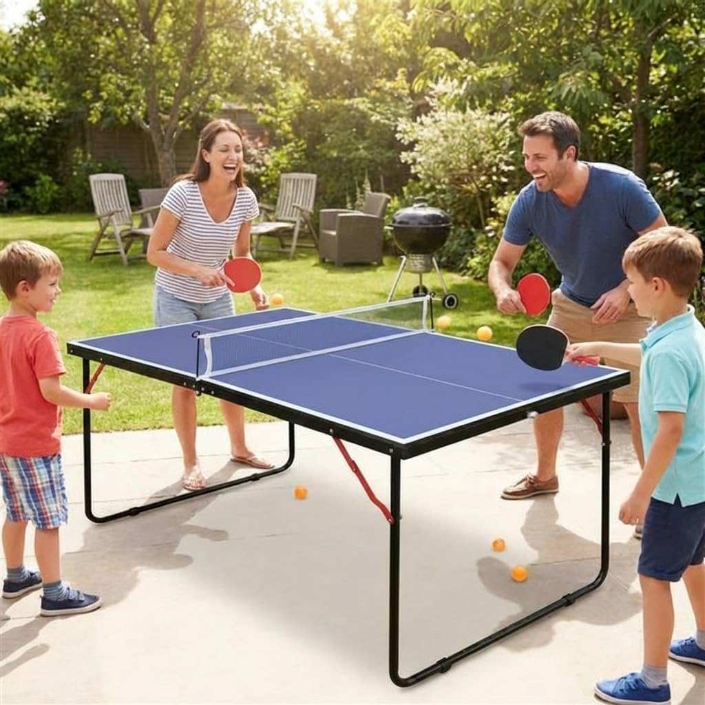 Foldable Portable Ping Pong Table Set, Table Tennis Table with Net and 2 Paddles, Compact Indoor Outdoor Table with Smooth Playing Surface for Home Garage or Backyard Use