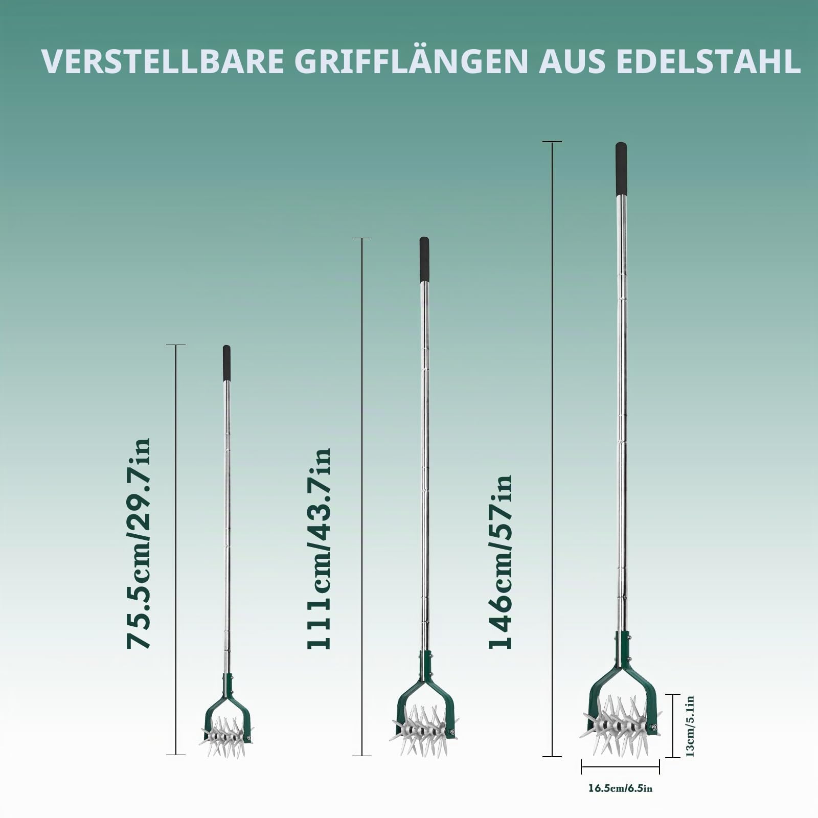 Yeelor Rotary Grubber Pinne Einstellbarer S/S Griff Rotary Pinne mit abnehmbaren massiven Metallzinken Gartenkultivator Rasenfräse und manuelle Pinne zum Lösen und Mischen von Erde