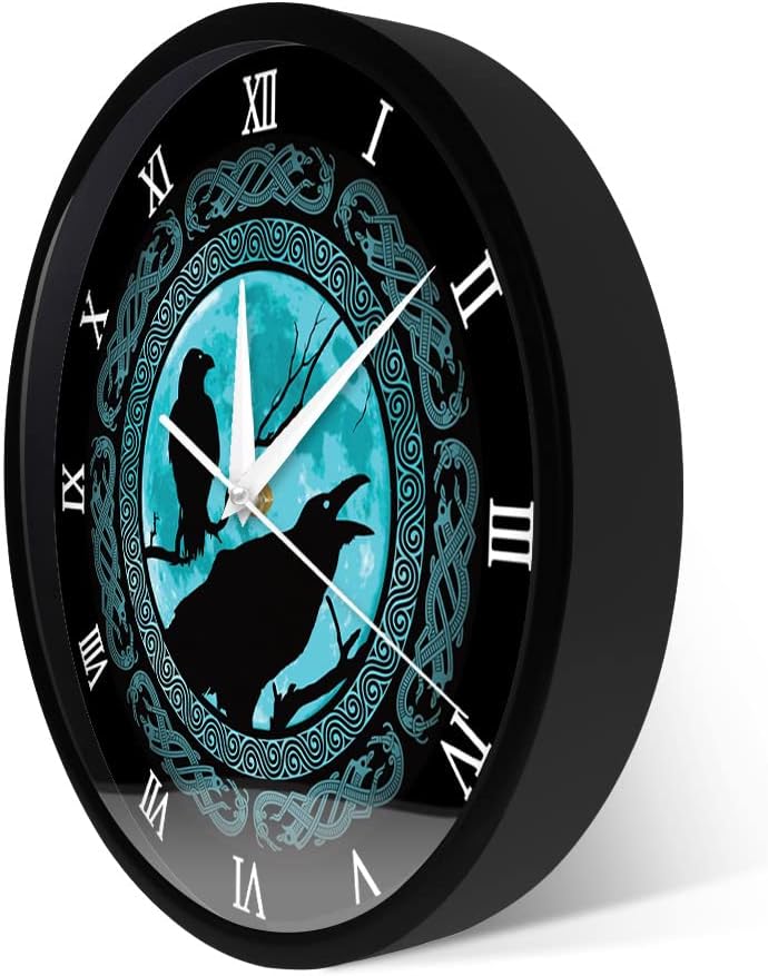 Ravens Roman Numberals Metal Frame Wall Clock, Silent Non Ticking Battery Operated Vintage Decorative Myth of North Europe Analog Wall Clock Watch for Living Room Man Cave Decor 12 Inch