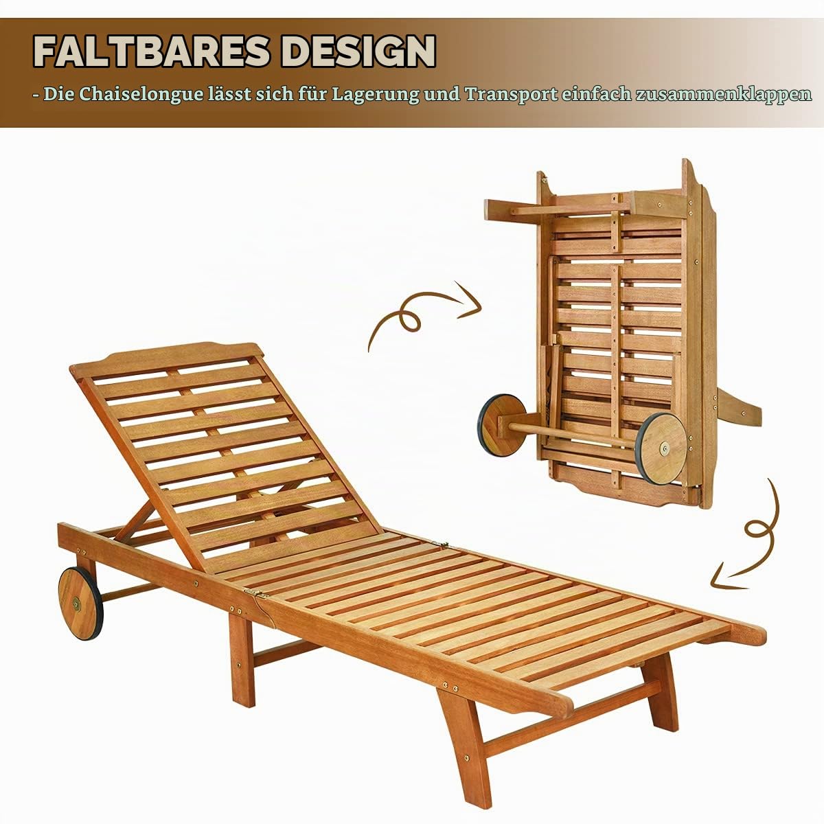 KOMFOTTEU Gartenliege mit Verstellbarer Rückenlehne, Sonnenliege aus Eukalyptusholz, Relaxliege mit Kissen & 2 Rädern, Liegestuhl bis 160 kg belastbar für Garten Terrasse Balkon, Natur & Beige