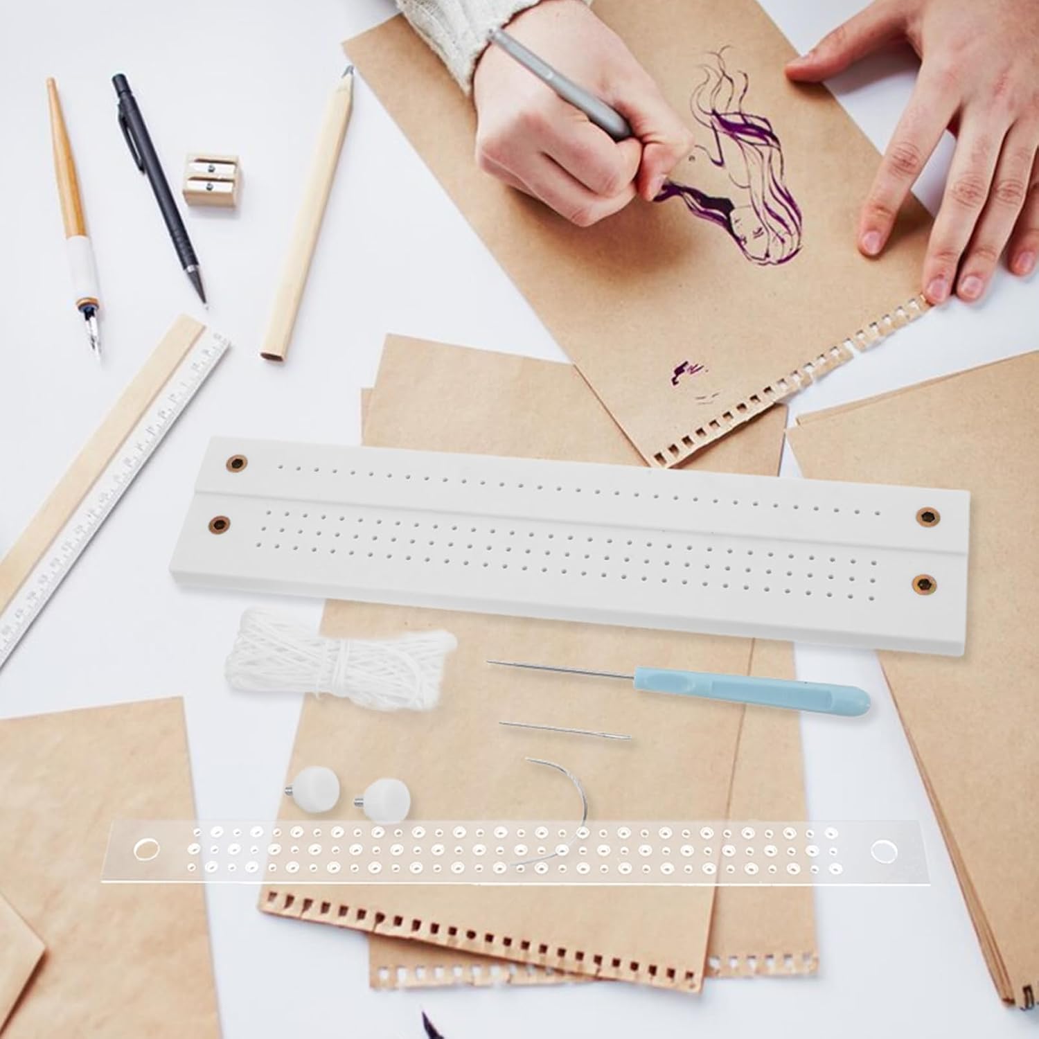 DOITOOL Bookbinding Supplies Kit Manual Binding Tools for Scrapbooking and Diaries Includes Awl Waxed Thread and Book Clamps for Beginners and Craft Enthusiasts