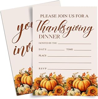 Thanksgiving Party Invitations, Friendsgiving Invitations Thanksgiving Dinner Party Fall Autumn Pumpkin Turkey Day Invite Cards, 20 Invites with Envelopes (4"x6")