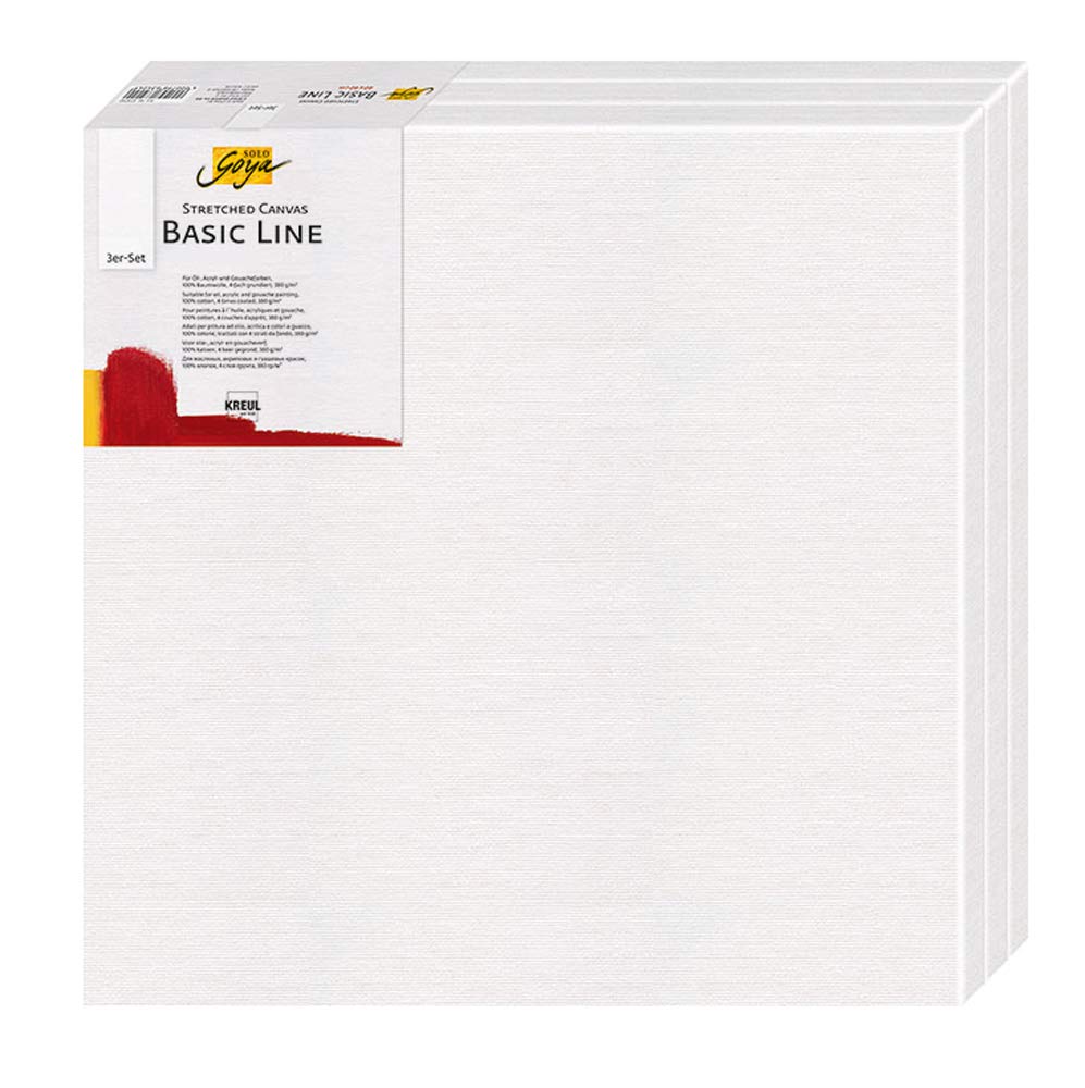KREUL Solo Goya Basic Line 631515 Stretched Stretcher Frame 15 x 15 cm Set of 3 with Cotton Canvas 4 Primed Ideal for Oil, Acrylic and Gouache Paints, White