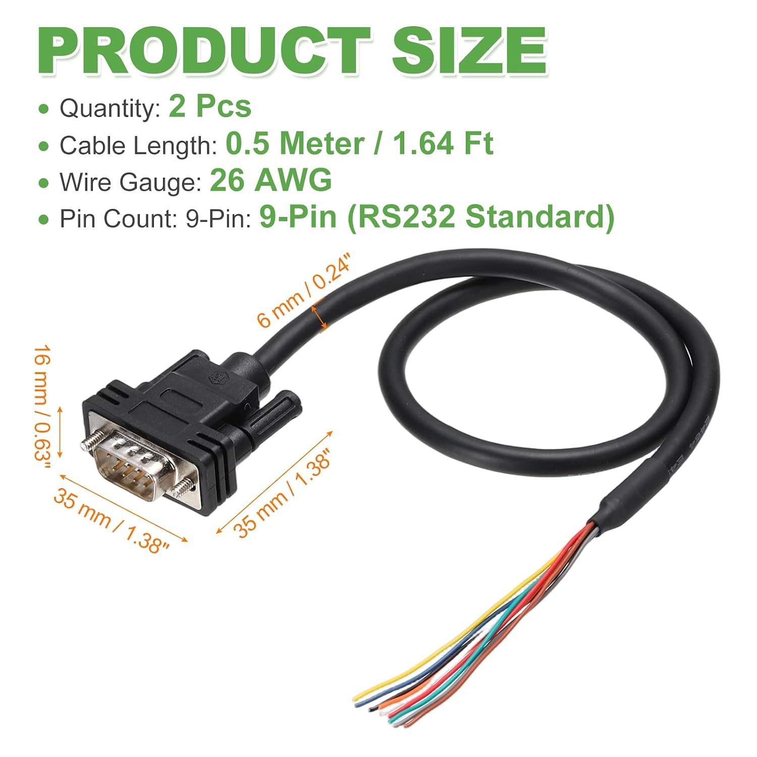 PATIKIL 2 Pcs 1.6 ft 26AWG DB9 Male Connector to Bare Wire END RS232 9-Pin Serial Extension Cable Double Shielded Gold Plated Male Connector, Black