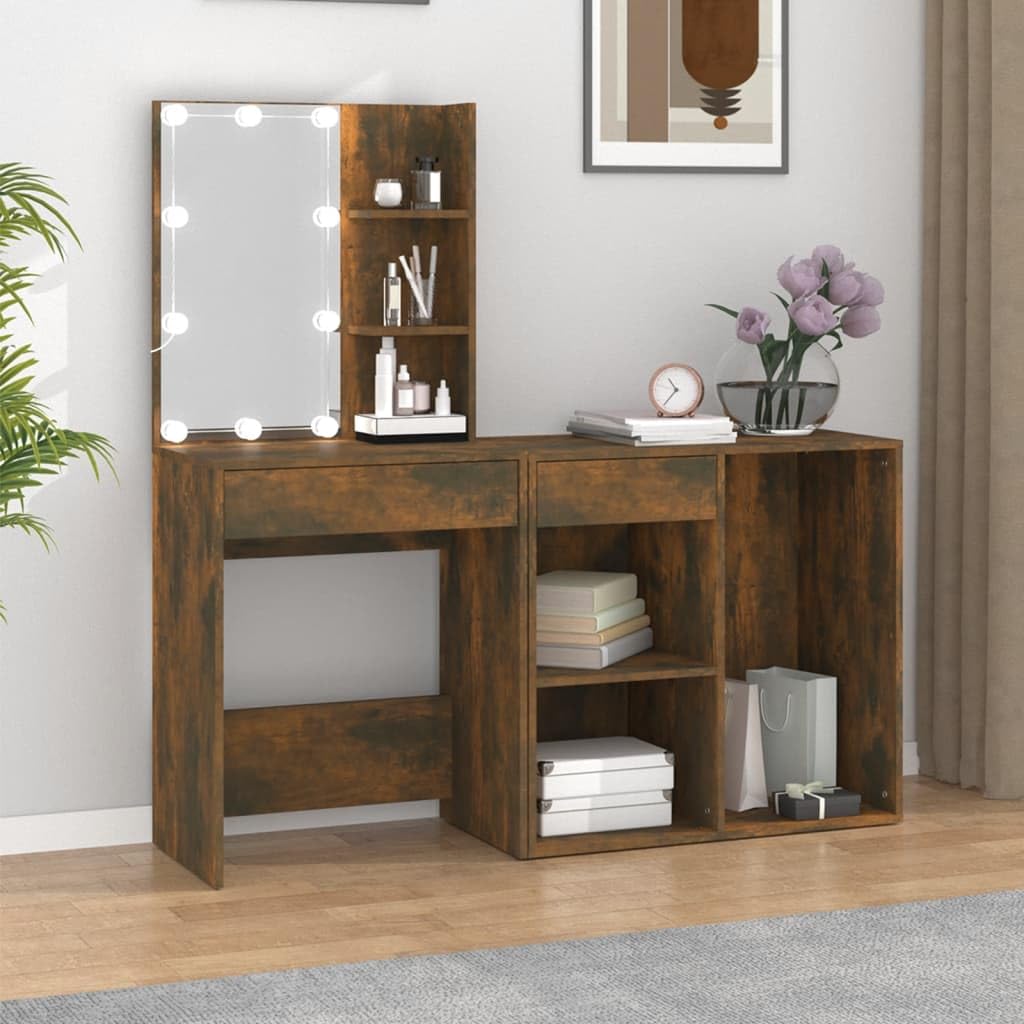 LED-Schminktisch Mit Schrank Räuchereiche Holzwerkstoff | Mit Spiegel, LED-Leuchten USB Anschluss, Warm- Kaltweiß, Stauraum für Make-up