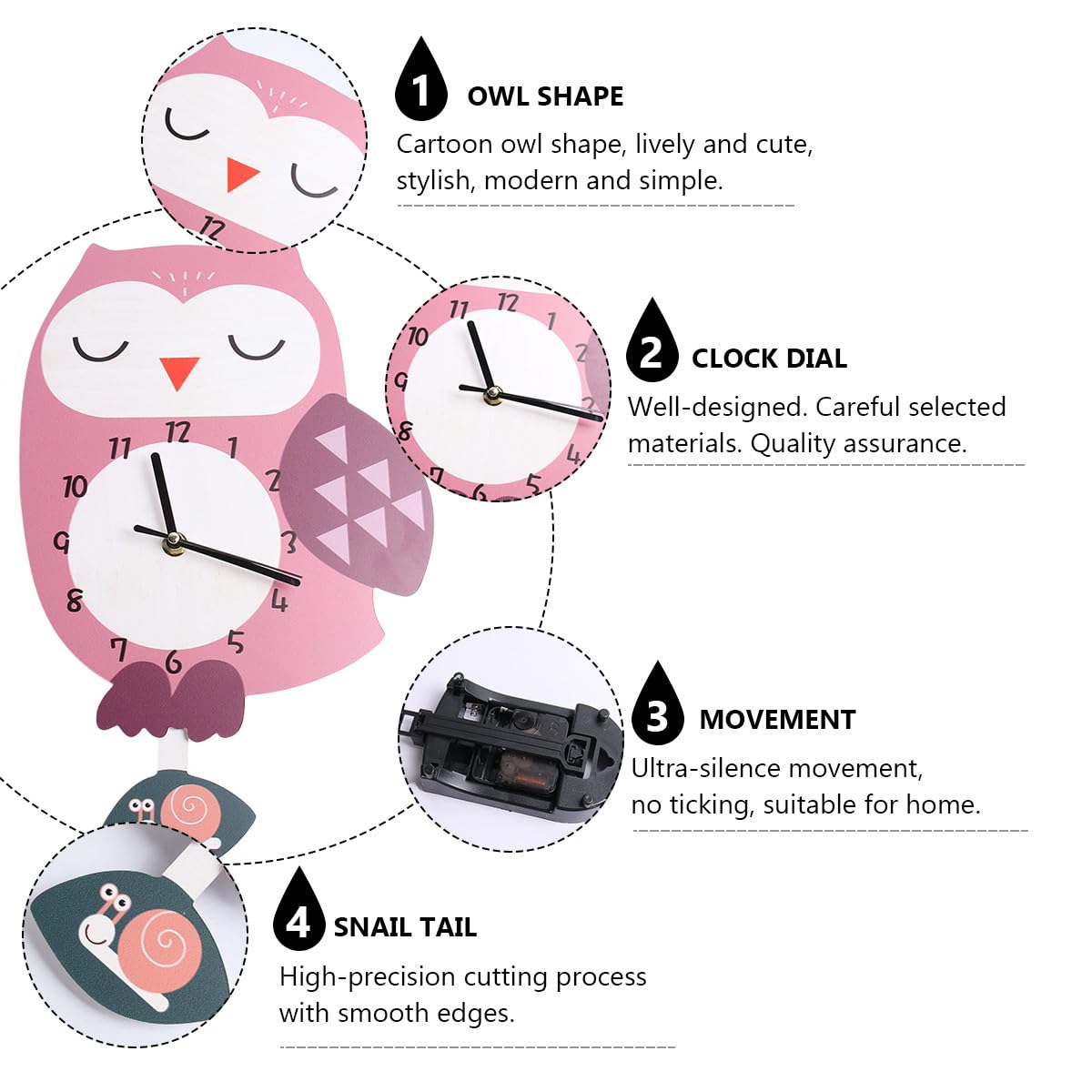 Reloj de Pared de Dibujos Animados Diseño de Búho, Material Ecológico, Silencioso, para Decoración de Habitaciones Infantiles y Aulas, Adecuado para Jardín de Infantes y Salón