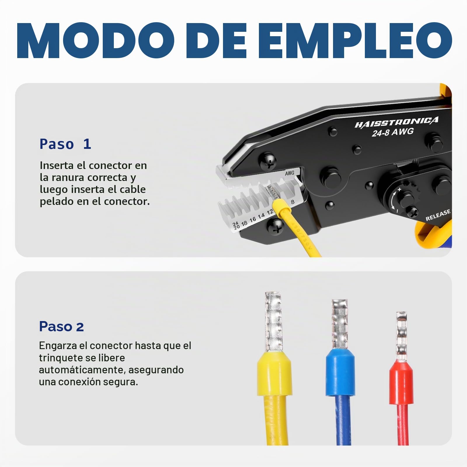 Crimpadora para Terminales de Cable Haisstronica 0,25–10 mm² (AWG24–8) Alicate de Crimpar