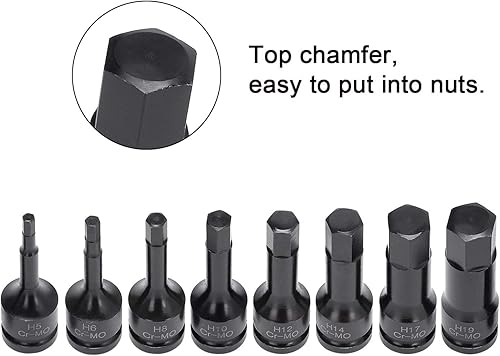 Vista 12 de Juego de 8 puntas de vaso Torx Star de impacto de 1/2 pulgada, 8 piezas T30 T40 T45 T50 T55 T60 T70 T80 Cr-Mo 3 pulgadas extra larga impacto de aire