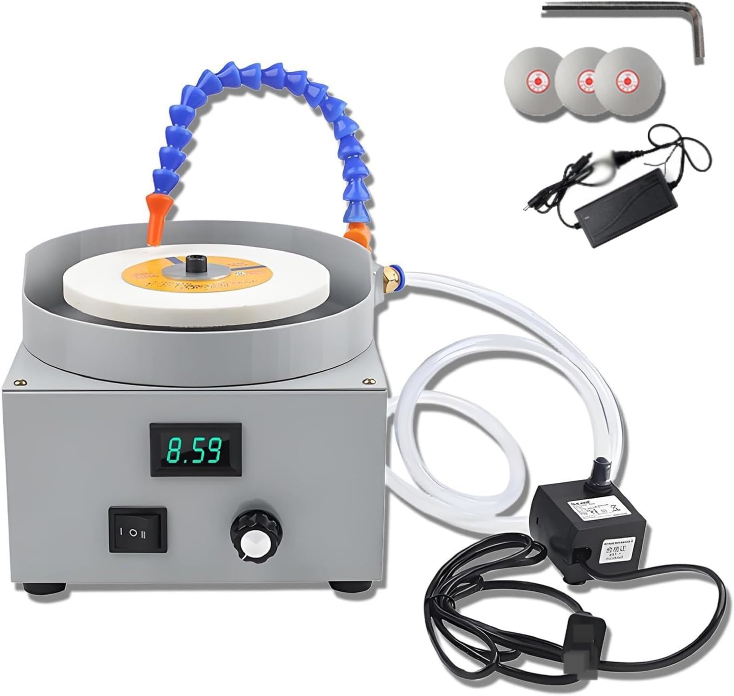 Szlifierka elektryczna na mokrej ławce z tarczami diamentowymi, regulowana prędkość 0-2000rpm, dwukierunkowa rotacja, wyświetlacz napięcia LED, narzędzie do ostrzałki do noży do metalu i jadeitu
