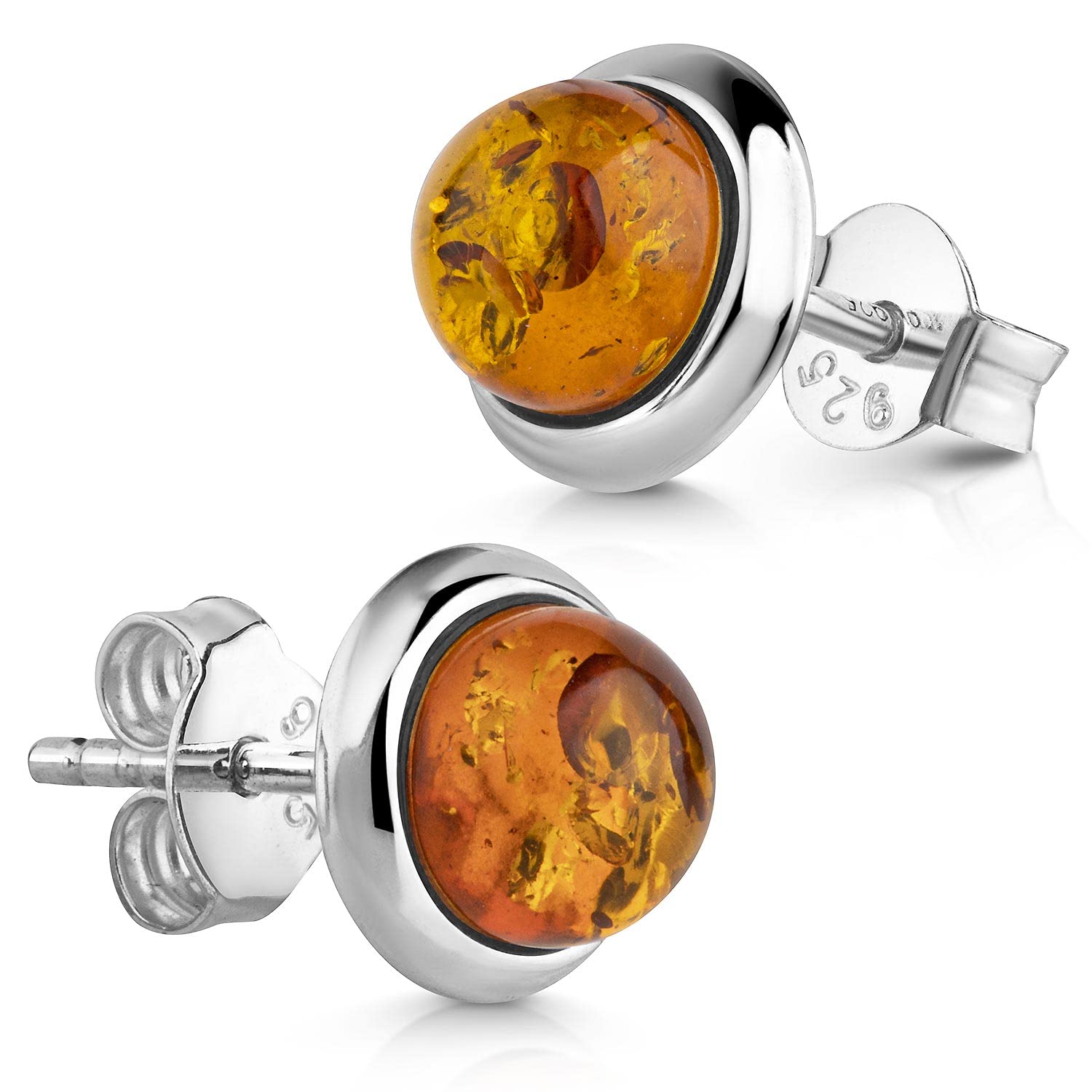 Runde Bernstein Ohrstecker Silber 925 - Damen Ohrringe Naturstein orange