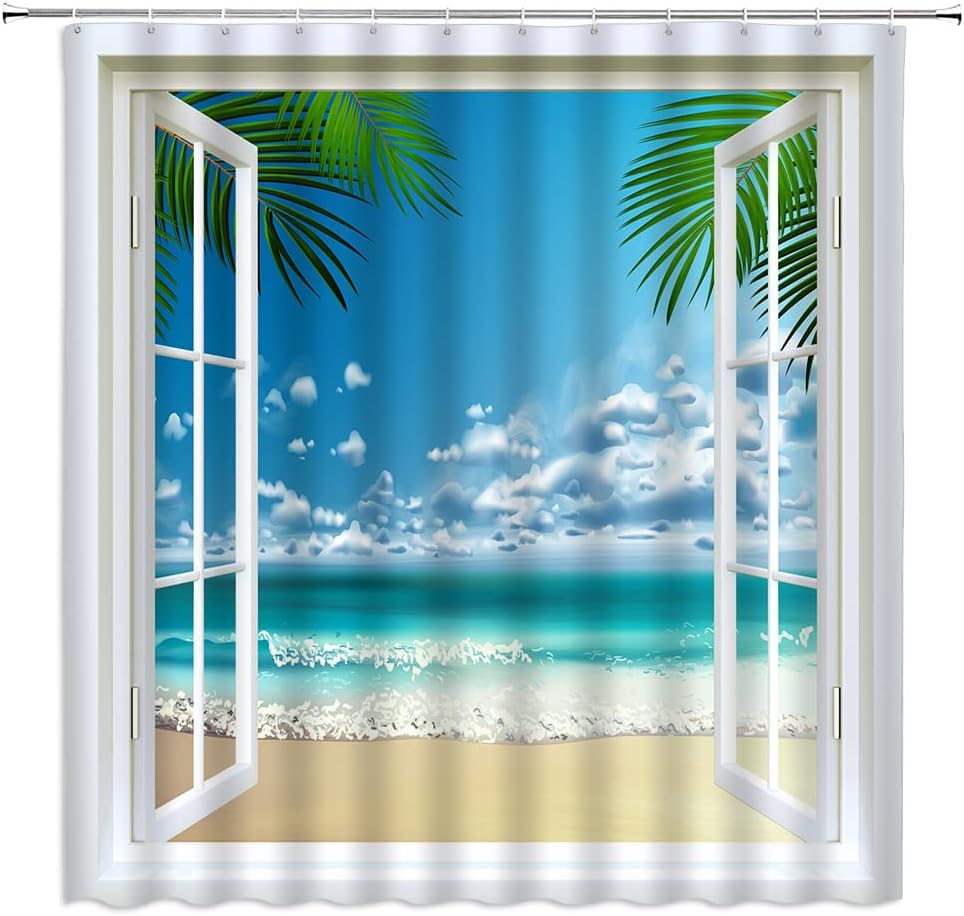 Ocean Beach Shower Curtain Tropical Palm Tree Seaside Landscape Blue Sky Coastal Nautical Hawaii Sea Water Summer Natural Scene Bathroom Decor Fabric Set with Hooks(78" Wx70 H)