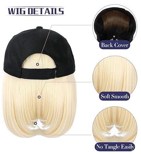 Miniatura 10 de Qlenkay Gorra de béisbol con extensiones de cabello recto, fleco corto, peinado ajustable, extraíble peluca y sombrero ,14 pulgadas para mujer y niña