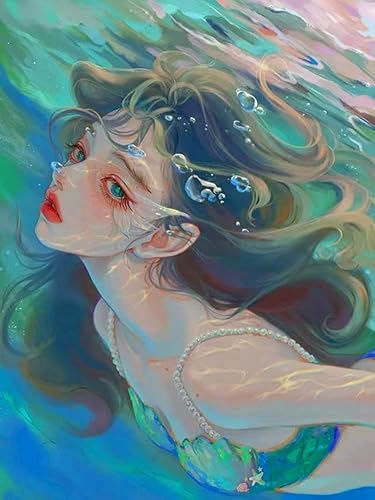 Pimio Kit de pintura de diamante 5D para bricolaje, kit de arte redondo de diamante de sirena para adultos principiantes, perfecto para decoración